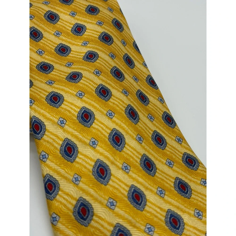 Jos. A. Bank, Yellow with Blue/Red Geometric Medallion Pattern, Silk Necktie